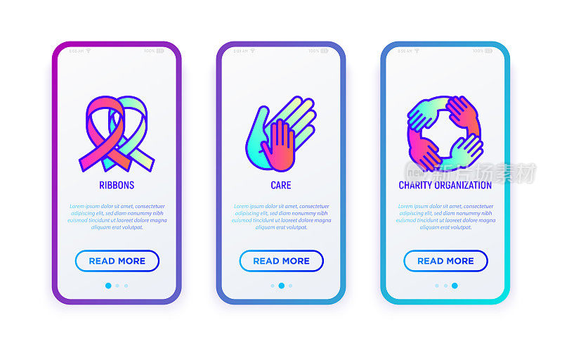 Charity concept with thin line icons: ribbons, care, medical support, charity organization. Vector illustration for user mobile interface.